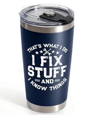 Amazon Navy Blue Insulated Travel Mug with White "I Fix Stuff" Graphic